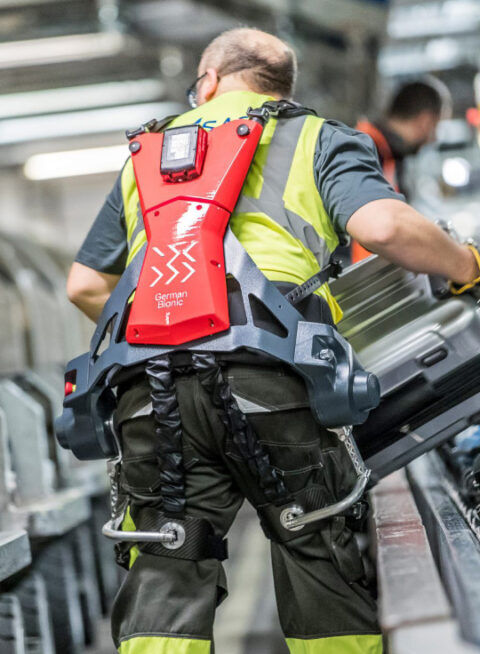 Worker using German Bionic exoskeleton